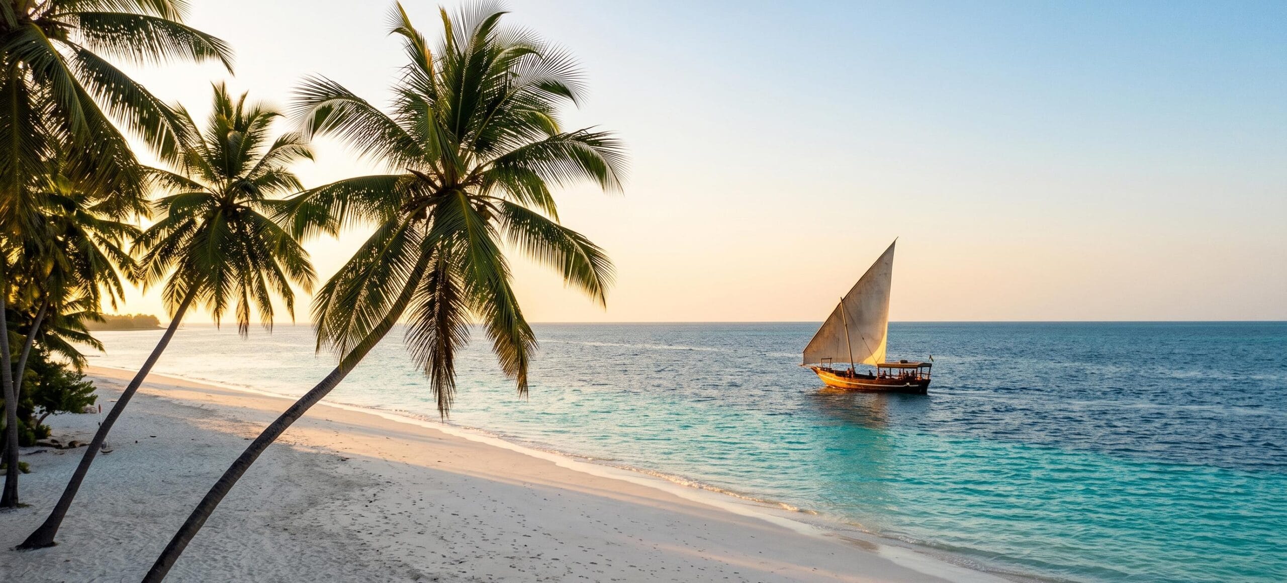 Dhow on turquoise water at sunset on a Kenya and Zanzibar safari