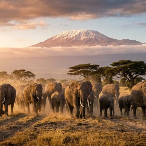 Elephant herd beneath Mount Kilimanjaro on a luxury Kenya safari in Amboseli