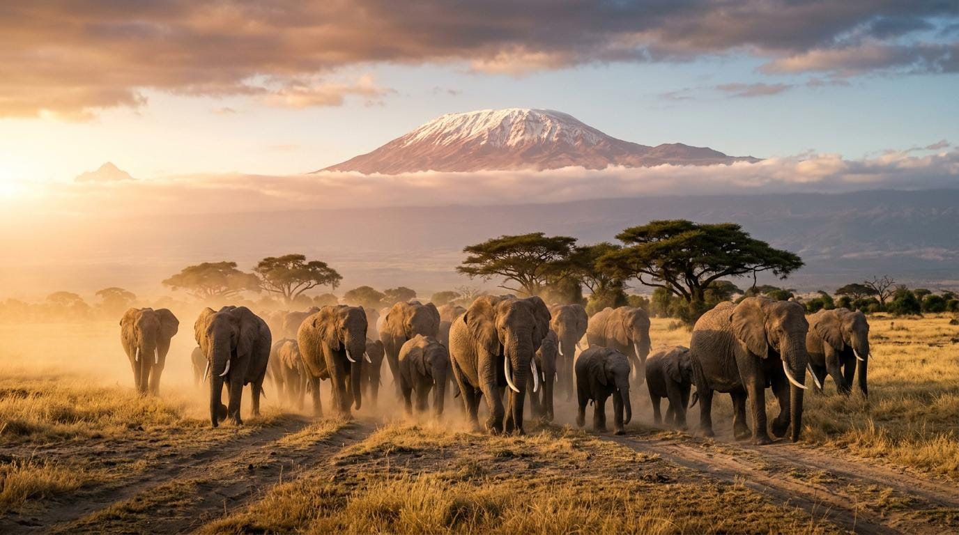 Elephant herd beneath Mount Kilimanjaro on a luxury Kenya safari in Amboseli