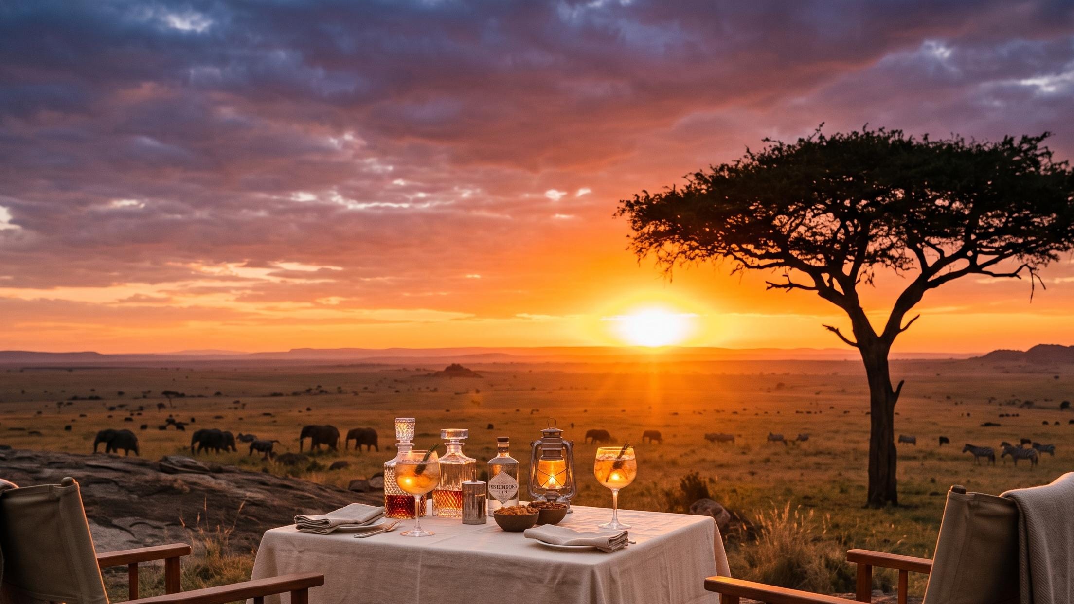 Safari sundowner set up on a rise above the Amboseli plains