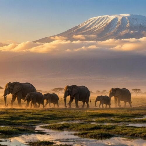 Elephant herd beneath Mount Kilimanjaro on a luxury Kenya safari in Amboseli