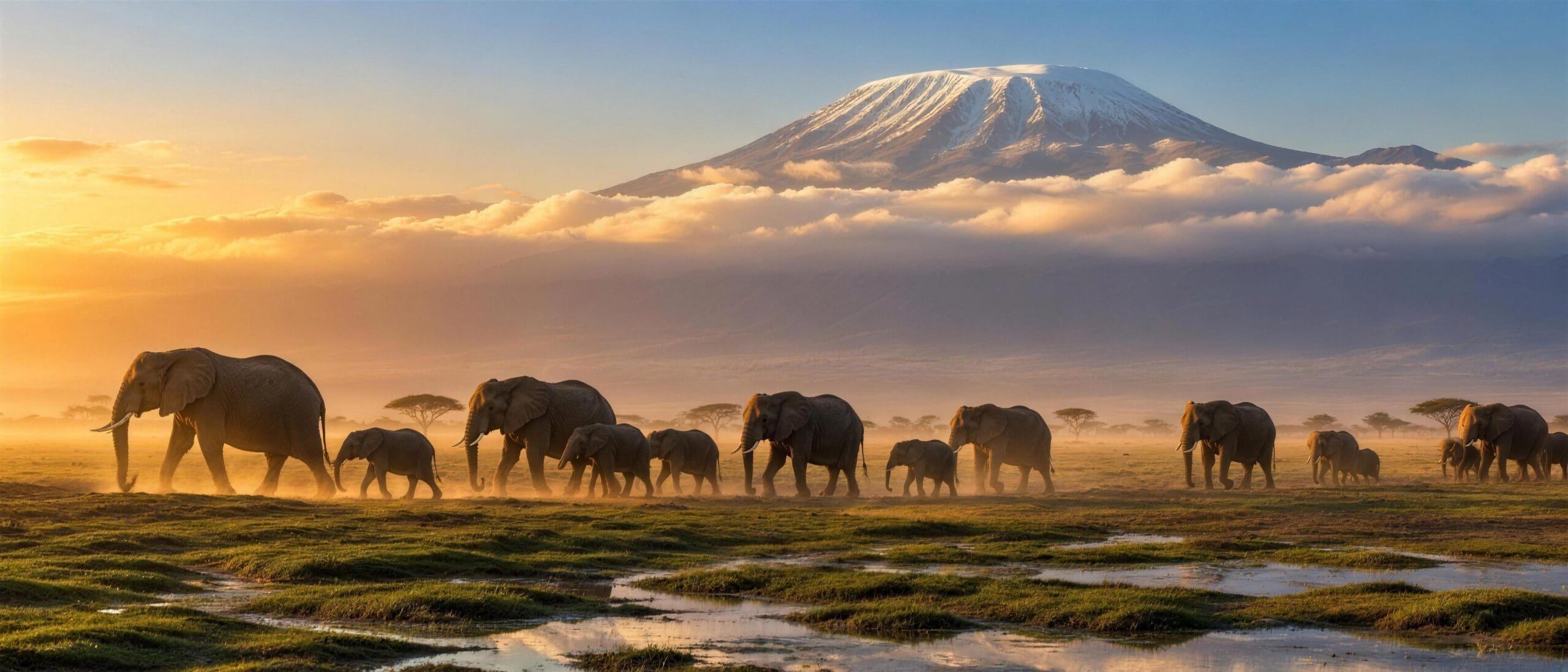 Elephant herd beneath Mount Kilimanjaro on a luxury Kenya safari in Amboseli